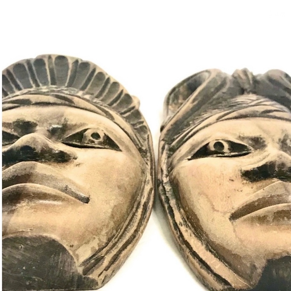 Vintage Masks Hand Carved Wooden Tribal Faces Exotic Folk Art Pair Sculptures - Picture 3 of 8
